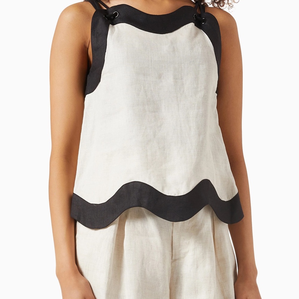 STAUD Black and Cream Wavy Hem Top
